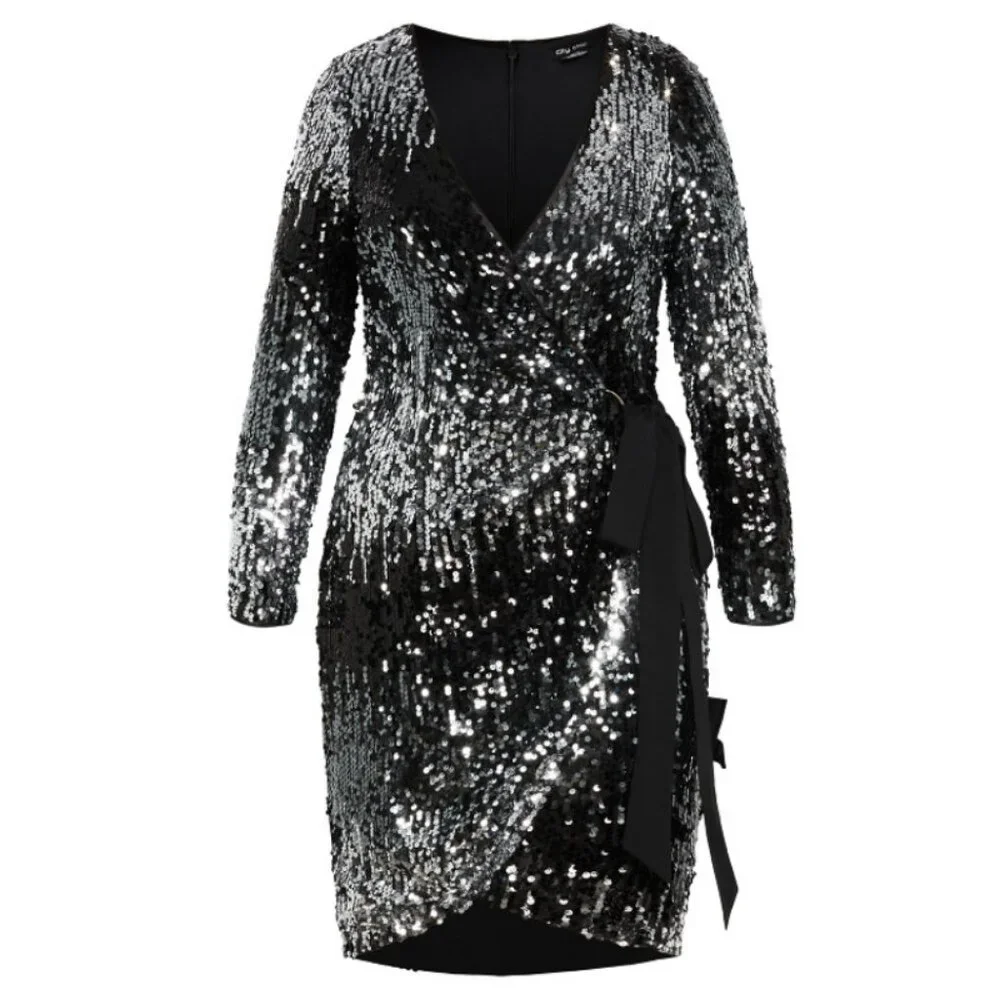 NWT City Chic Silver Black Sequin Wrap Dress 22